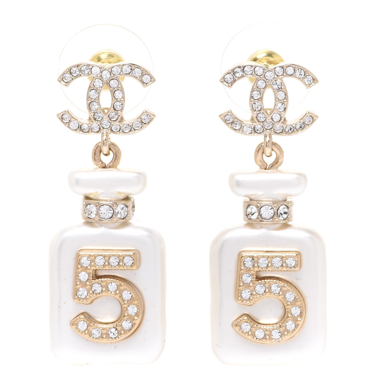 Chanel Pearl Resin Crystal CC No 5 Perfume Bottle Drop Earrings Gold Pearly White 1 of 5