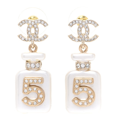 Chanel Pearl Resin Crystal CC No 5 Perfume Bottle Drop Earrings Gold Pearly White 1 of 5