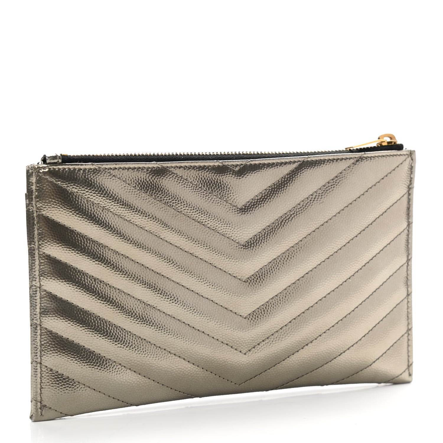 Saint Laurent Metallic Grain De Poudre Matelasse Chevron Monogram Bill Pouch Piombo 3 of 8