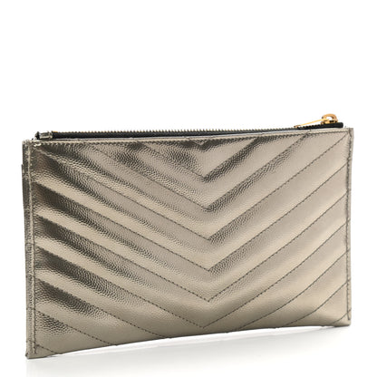 Saint Laurent Metallic Grain De Poudre Matelasse Chevron Monogram Bill Pouch Piombo 3 of 8