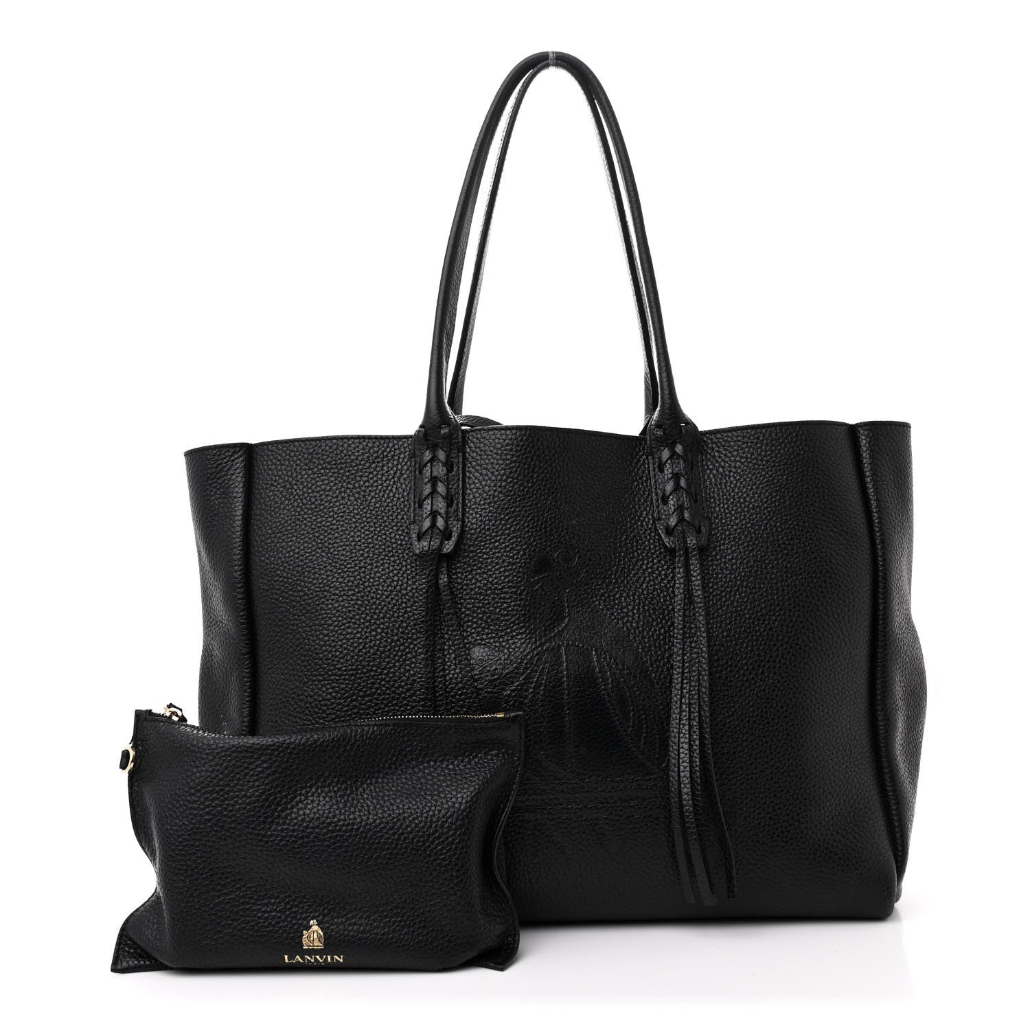Lanvin Grained Calfskin Logo Small Fringe Shopper Tote Black 3 of 12