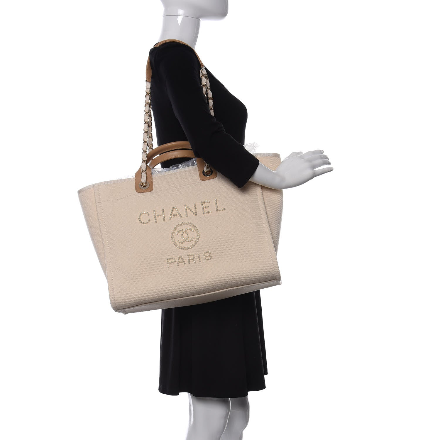 Chanel Canvas Pearl Medium Deauville Tote Ecru Beige 2 of 11