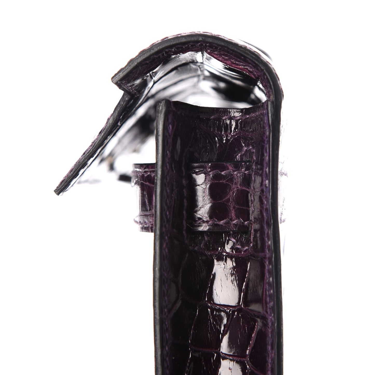 Shiny Porosus Crocodile Kelly Cut Pochette Aubergine