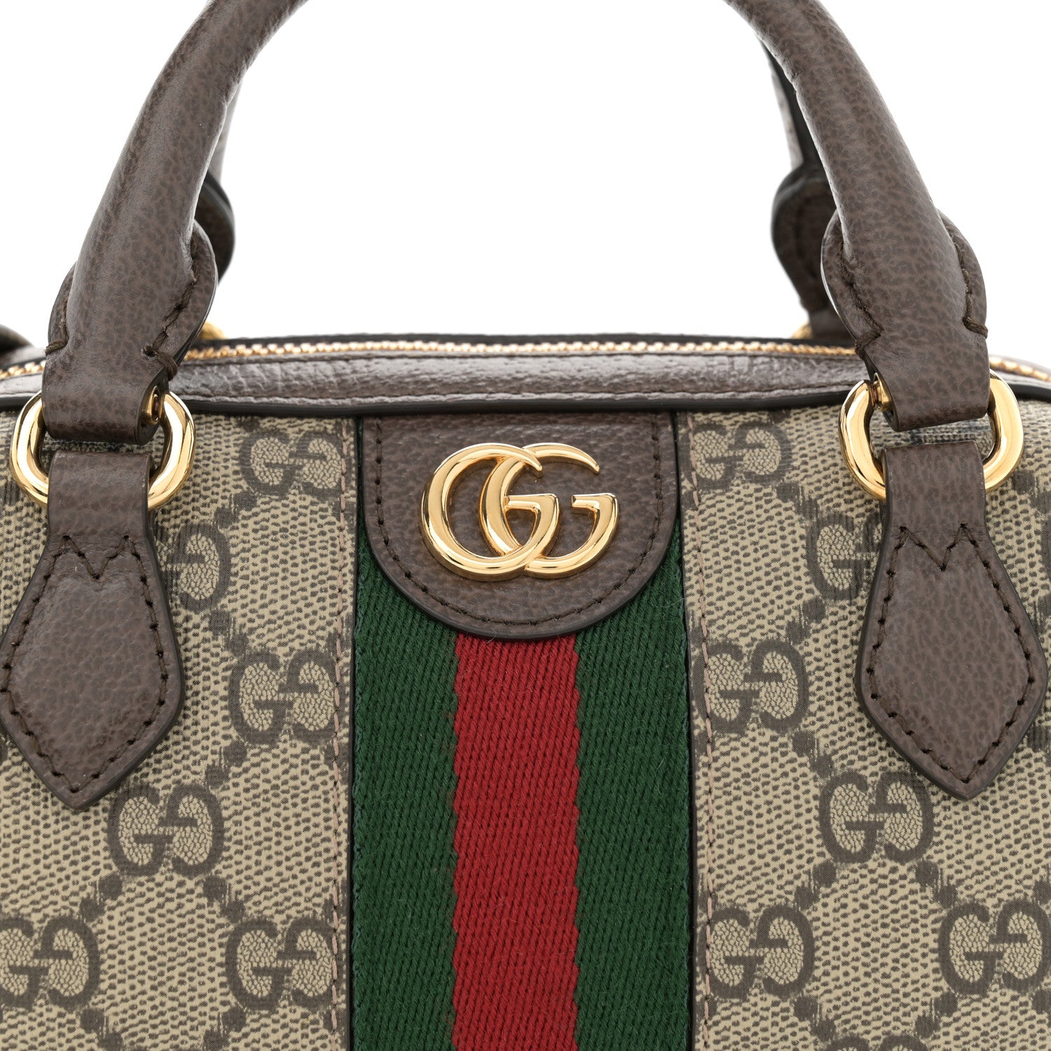 Gucci GG Supreme Monogram Textured Dollar Calfskin Web Super Mini Ophidia Top Handle Bowler Bag Beige Ebony New Acero 8 of 12