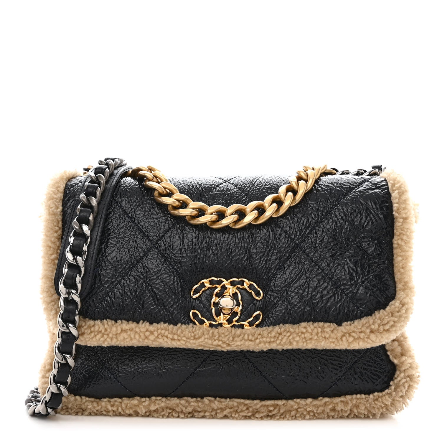 Chanel Crumpled Calfskin Shearling Sheepskin Quilted Medium Chanel 19 Flap Navy 1 of 11