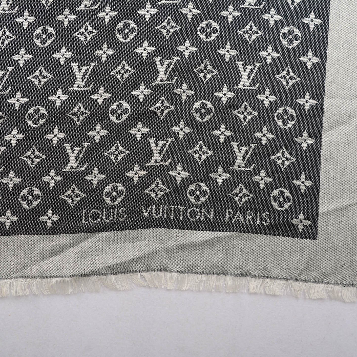 Wool Silk Monogram Denim Shawl Black