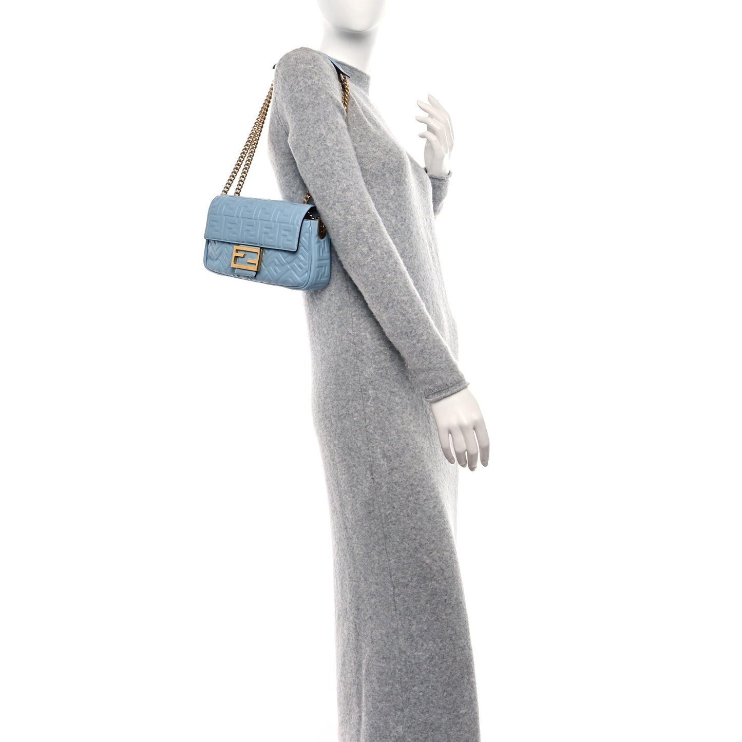 Nappa Small FF Embossed Midi Chain Baguette Azzurro Baby