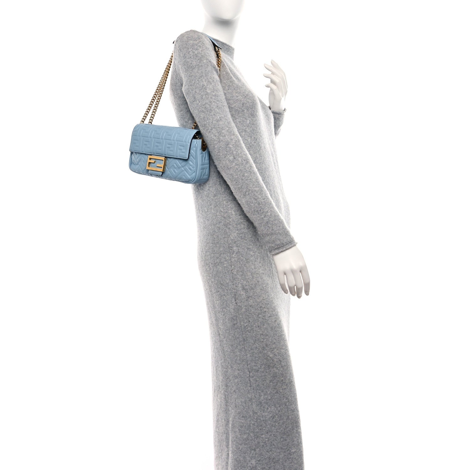 Fendi Nappa Small FF Embossed Midi Chain Baguette Azzurro Baby 3 of 8