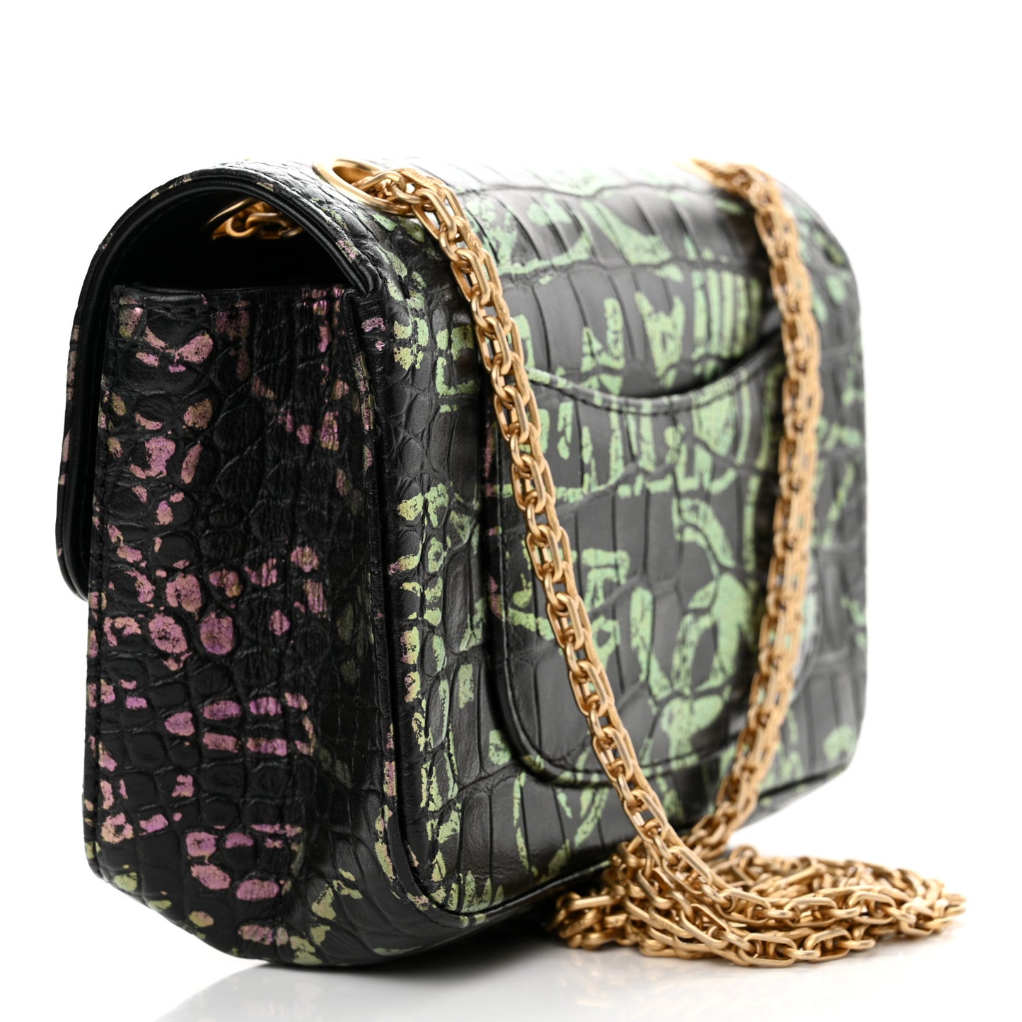 Calfskin Crocodile Embossed Graffiti 2.55 Mini Cocodile Reissue Flap Black Pink