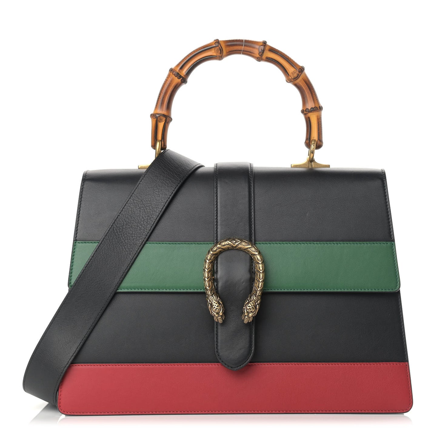 Calfskin Bamboo Web Large Dionysus Top Handle Bag Black Bright Evergreen Hibiscus Red