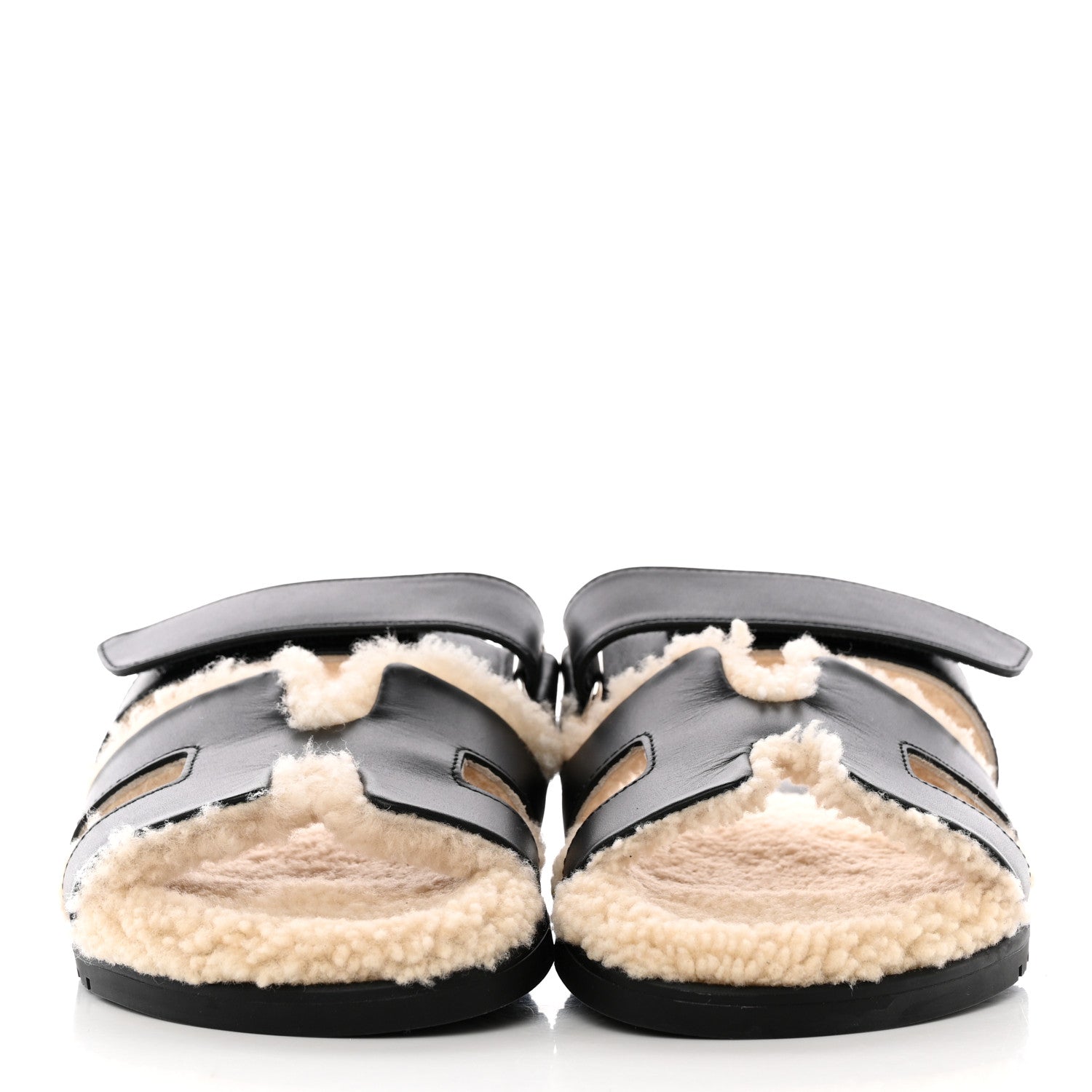 Hermes Calfskin Woolskin Womens Chypre Sandals 36.5 Black Ecru 2 of 13