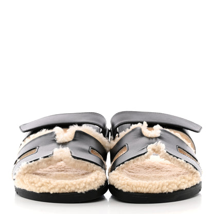 Hermes Calfskin Woolskin Womens Chypre Sandals 36.5 Black Ecru 2 of 13