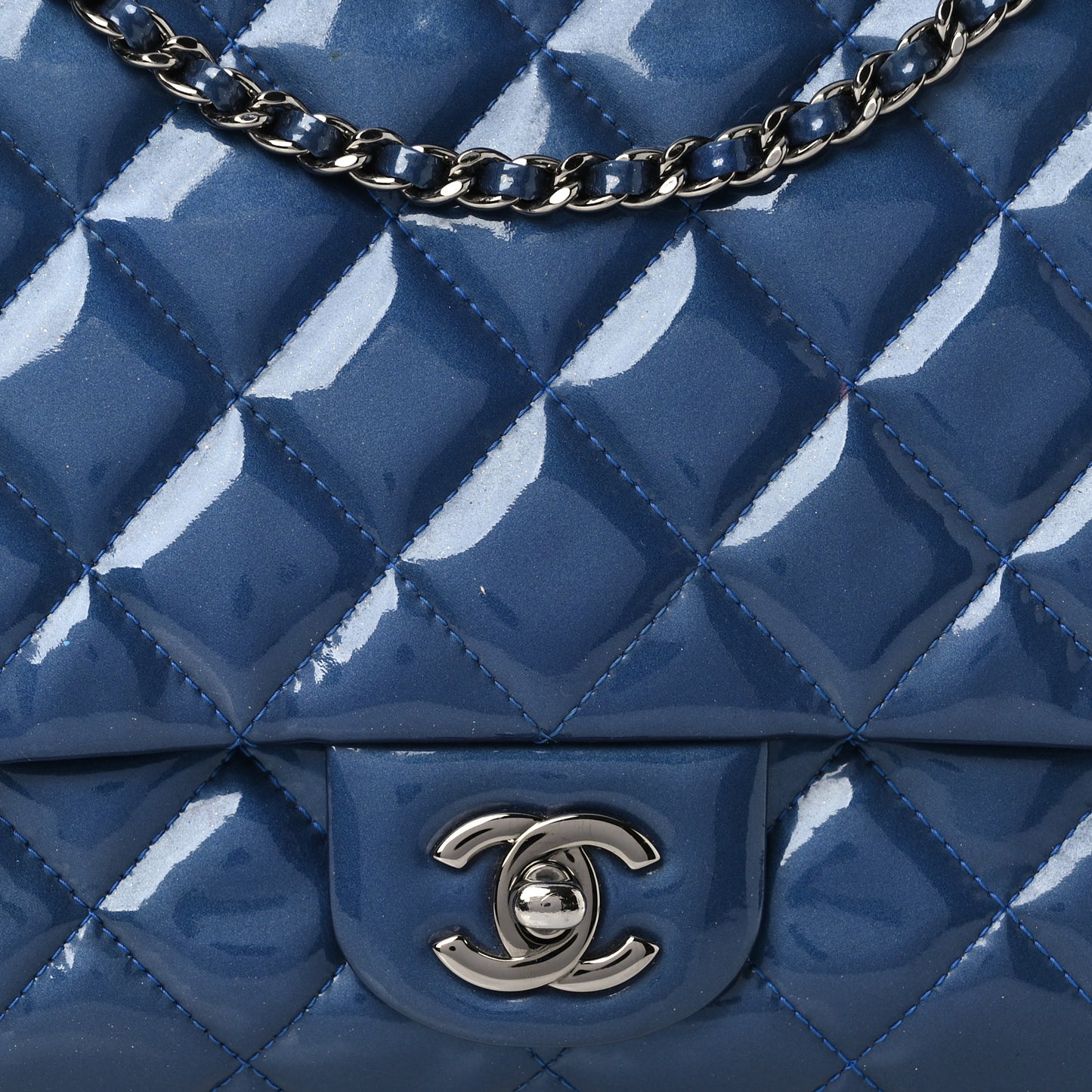 Patent Quilted Clutch with Chain Flap Blue