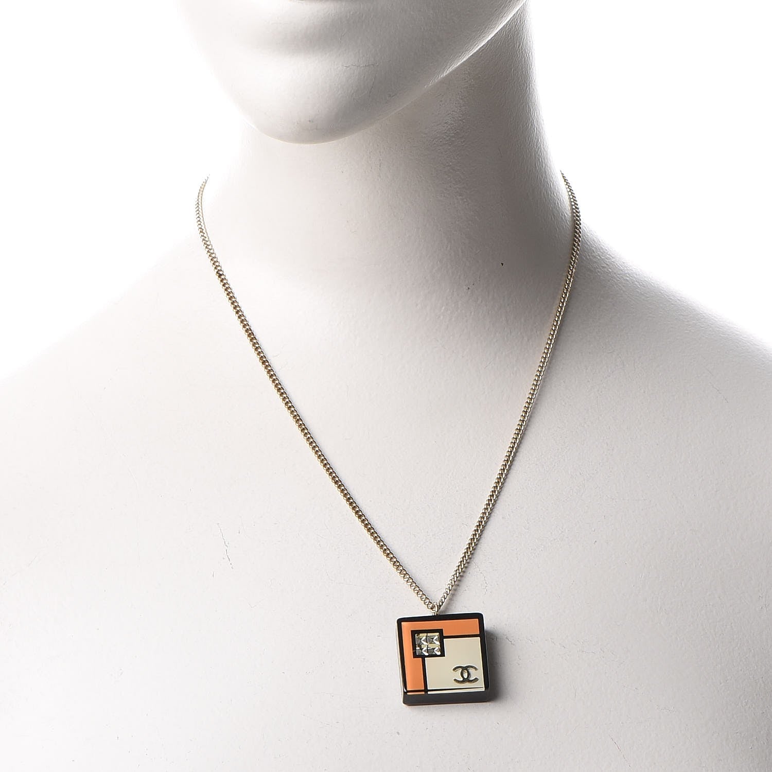 Chanel Resin Crystal Geometric Square Necklace White Black Orange 2 of 9