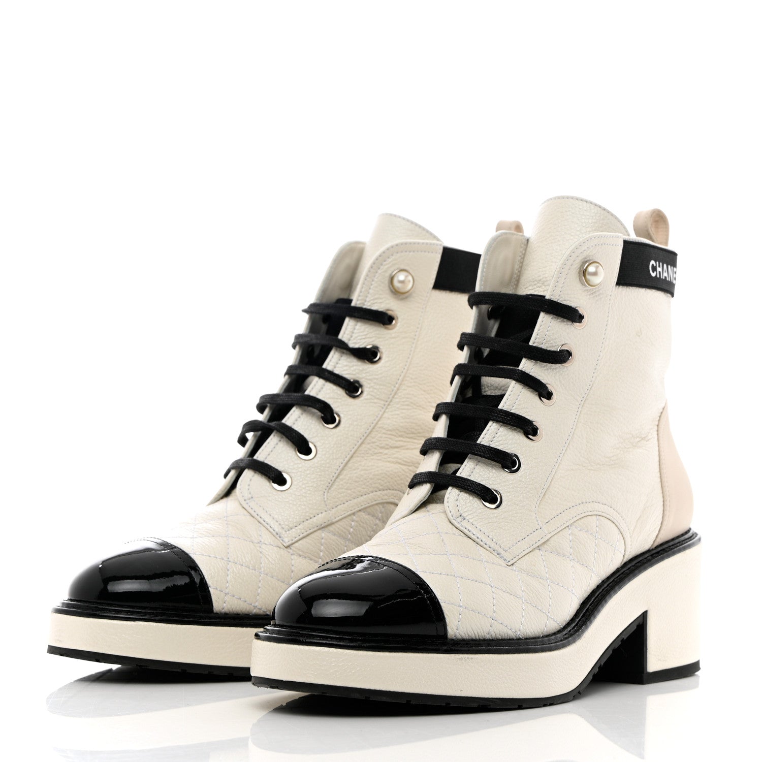 Chanel Pearly Calfskin Patent Calfskin Quilted Lace Up Boots 38.5 White Light Gray Black 3 of 18
