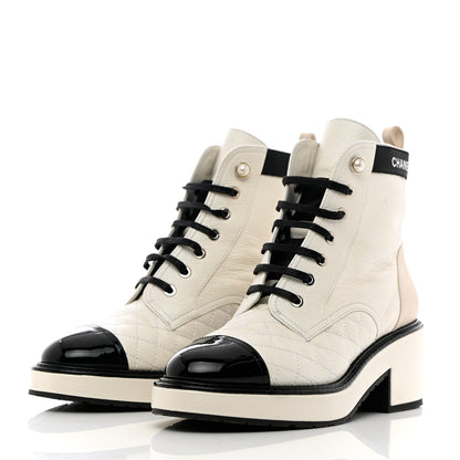 Chanel Pearly Calfskin Patent Calfskin Quilted Lace Up Boots 38.5 White Light Gray Black 3 of 18