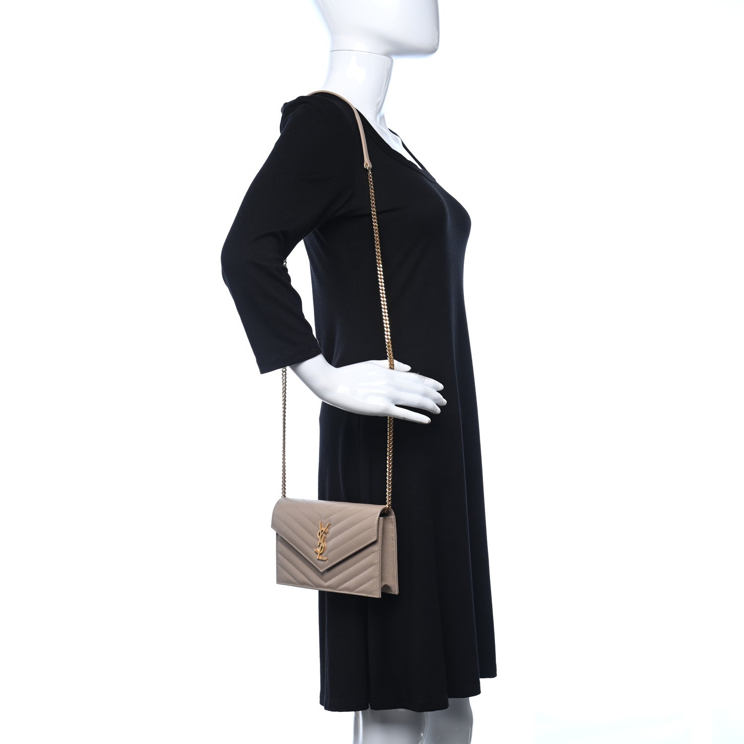 Saint Laurent Grain De Poudre Matelasse Chevron Monogram Envelope Chain Wallet Dark Beige 2 of 11