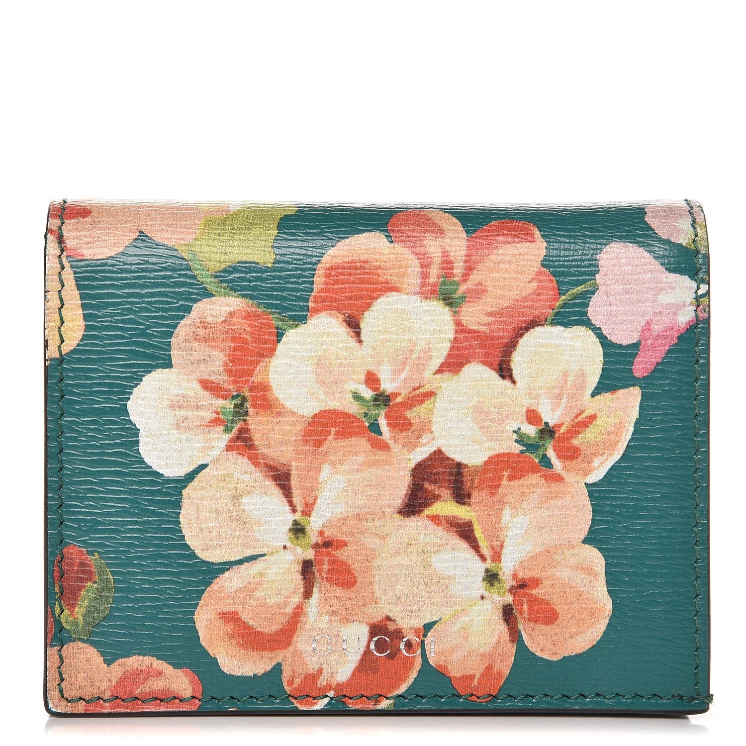 Gucci Shangai Calfskin Blooms Print Card Case Wallet Clear Bright Emerald Multicolor 1 of 8
