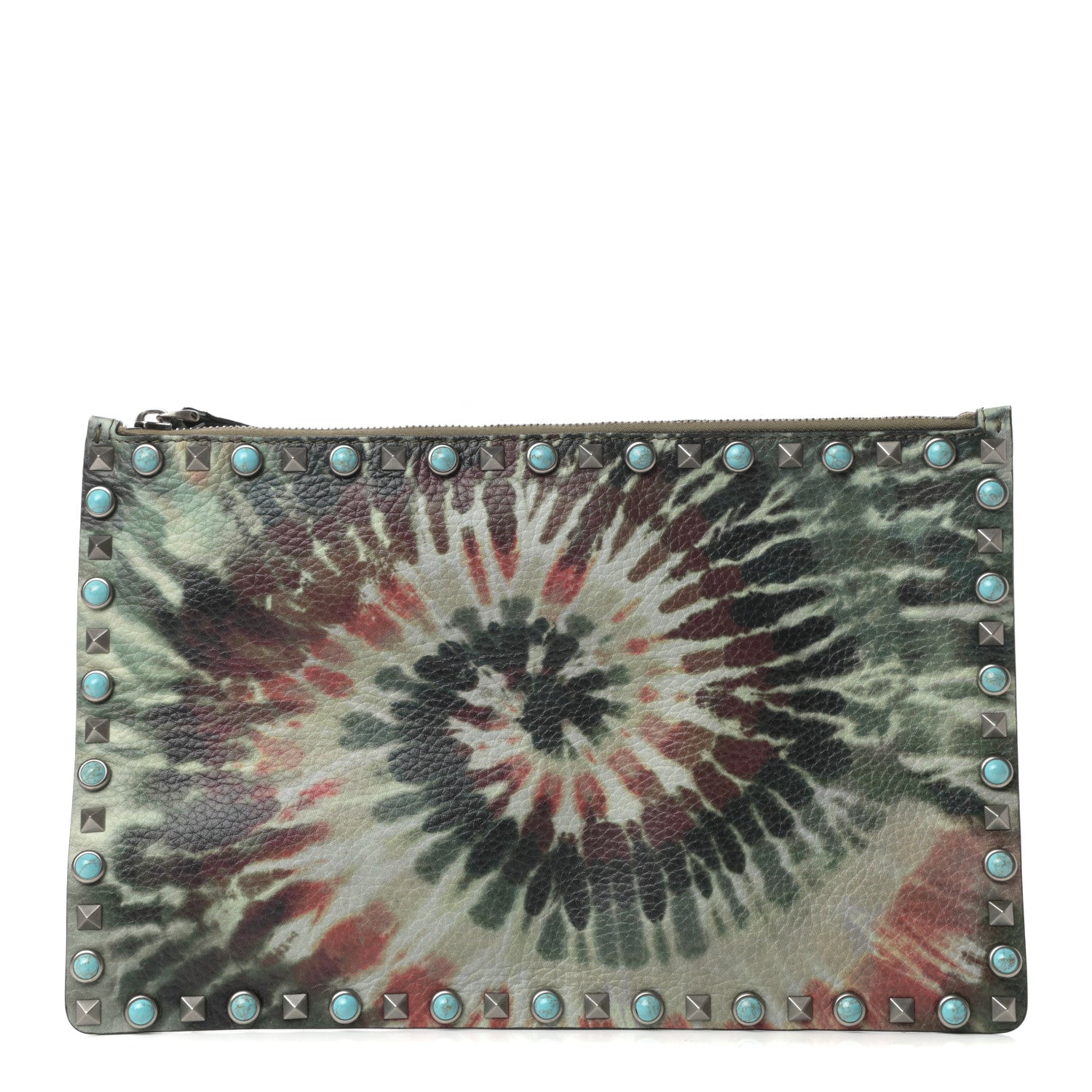 Valentino Garavani Pebbled Calfskin Tie Dye Large Rockstud Rolling Zip Pouch Deep Army Green 1 of 6
