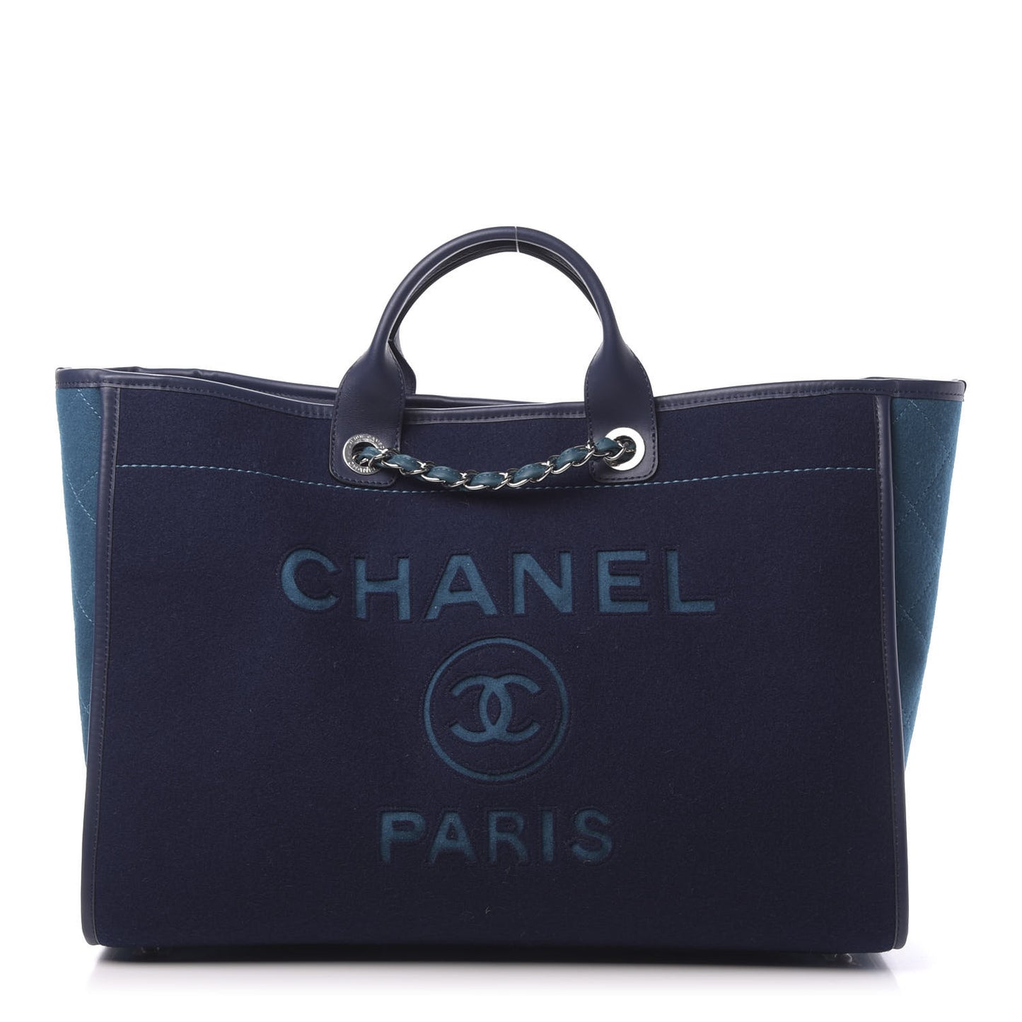 Wool Felt Calfskin Large Deauville Tote Dark Blue