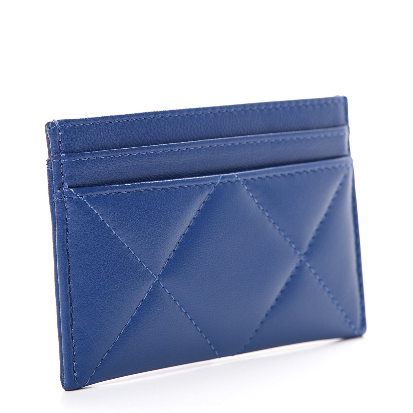 Shiny Goatskin Quilted Chanel 19 Card Holder Dark Blue