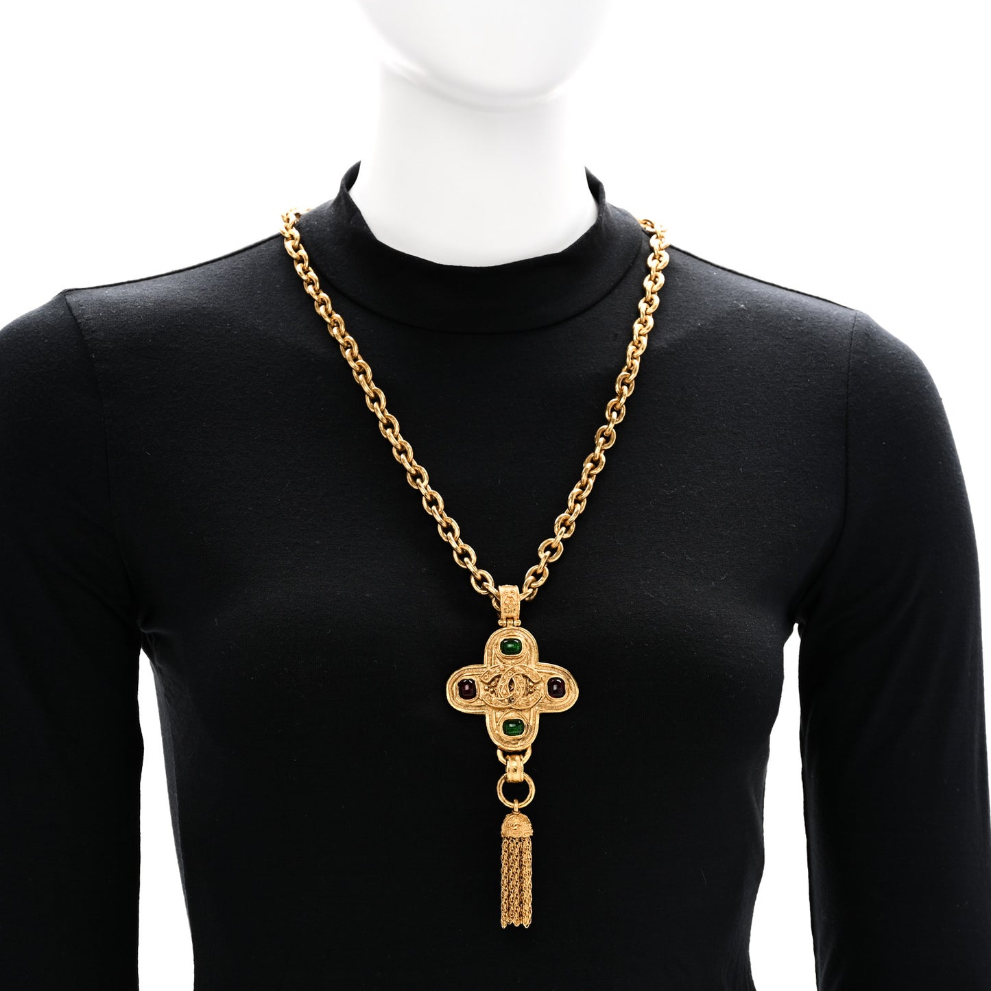 Gripoix Poured Glass Cross CC Tassel Chain Necklace Gold