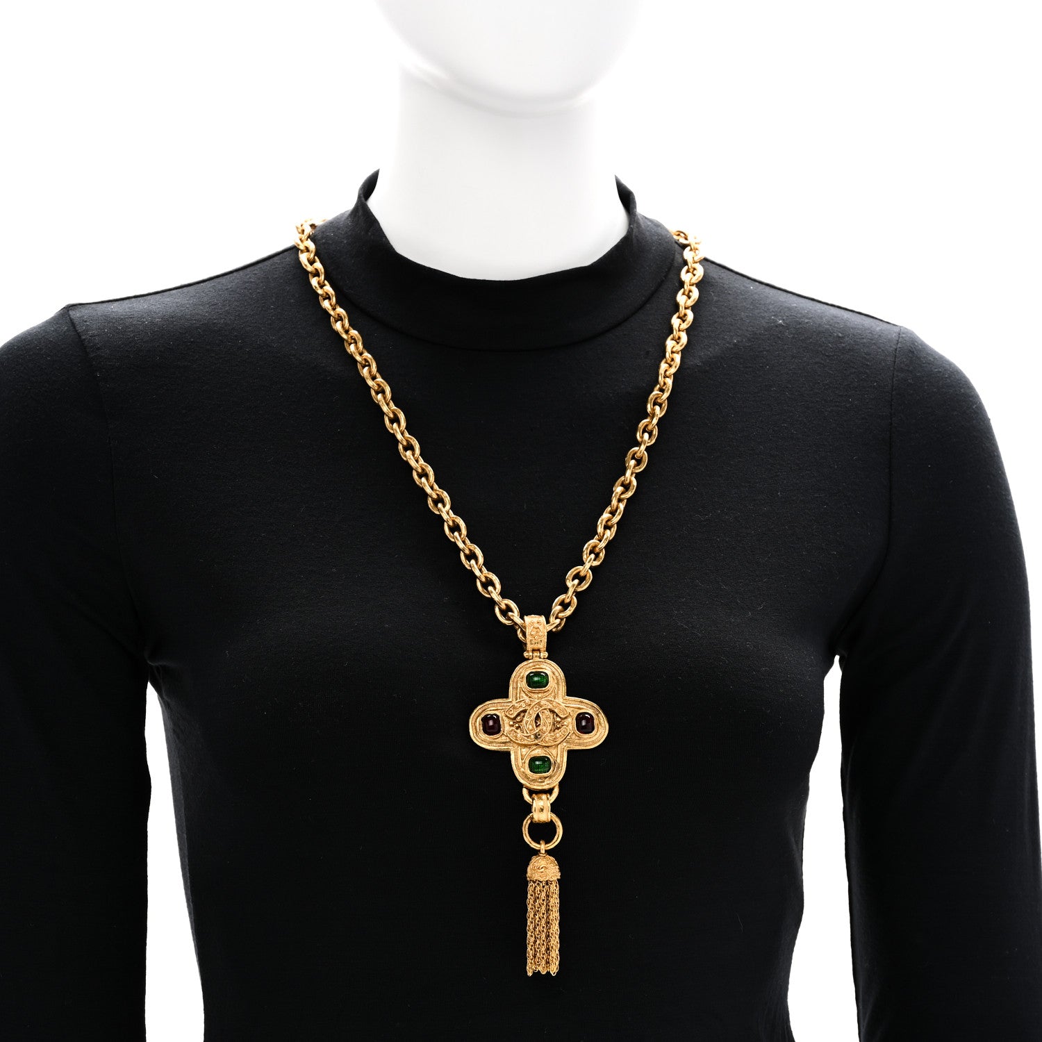 Chanel Gripoix Poured Glass Cross CC Tassel Chain Necklace Gold 2 of 6