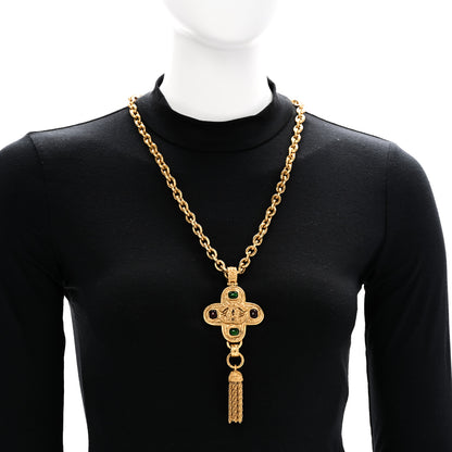 Chanel Gripoix Poured Glass Cross CC Tassel Chain Necklace Gold 2 of 6