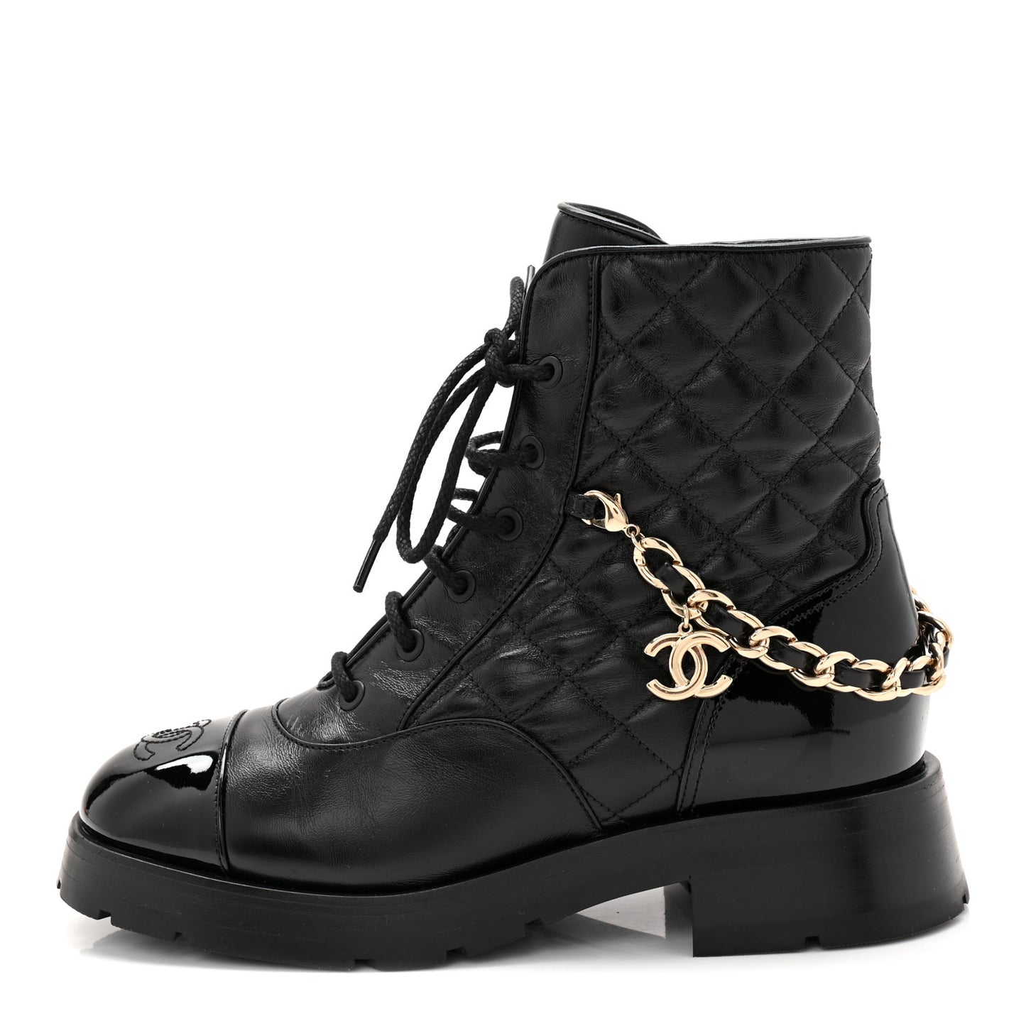 Shiny Calfskin Patent Quilted Chain Lace Up Combat Boots 38 Black