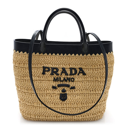 Prada Yarn Raffia Effect Calfskin Crochet Embroidered Medium Logo Tote  Tan Black 1 of 9
