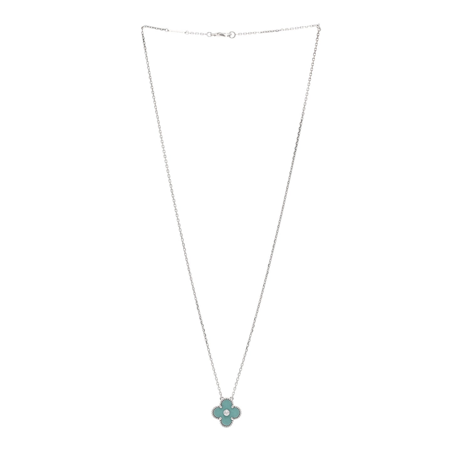 18K White Gold Diamond Celadon Green Sevres Porcelain Vintage Alhambra Pendant Necklace