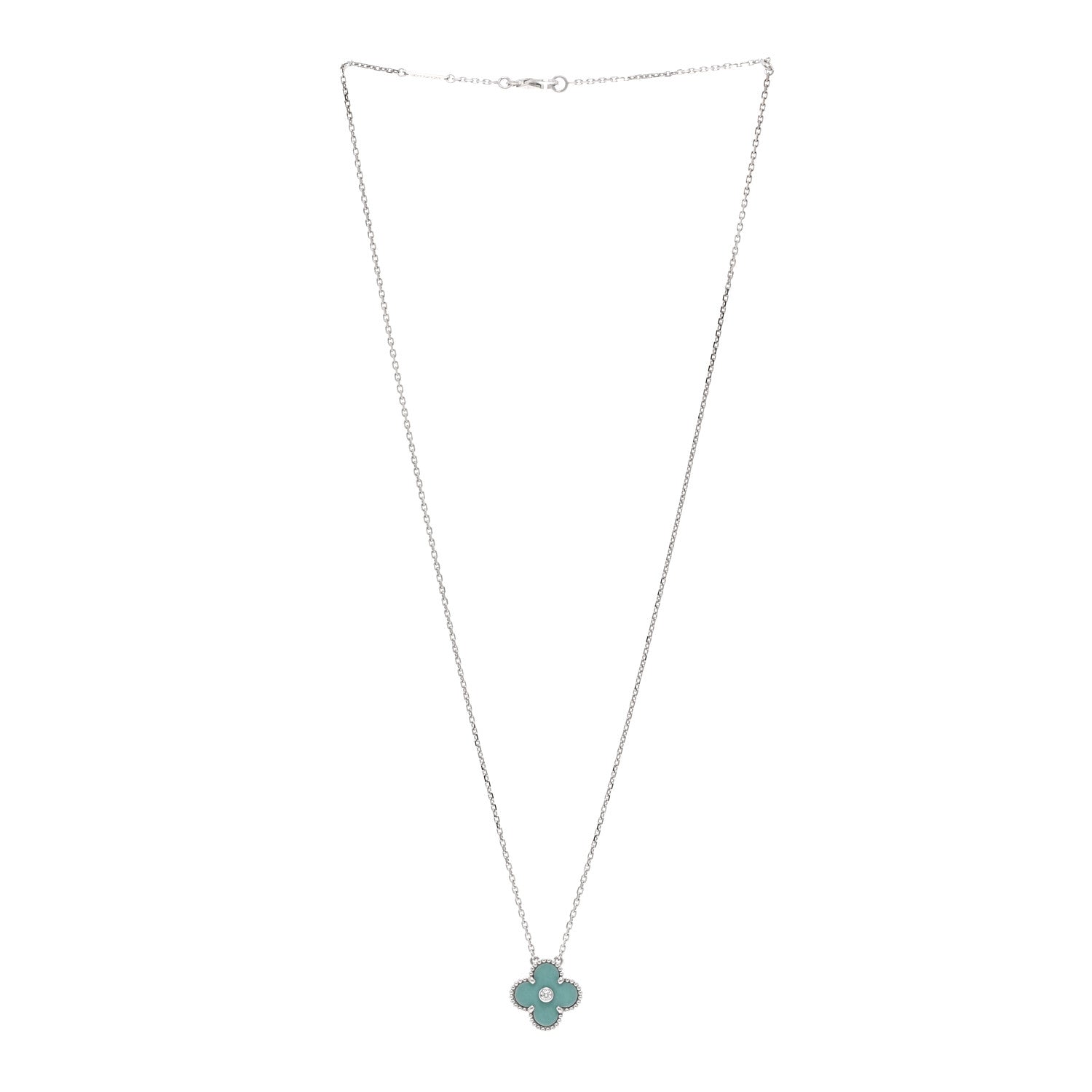 Van Cleef & Arpels 18K White Gold Diamond Celadon Green Sevres Porcelain Vintage Alhambra Pendant Necklace 3 of 6