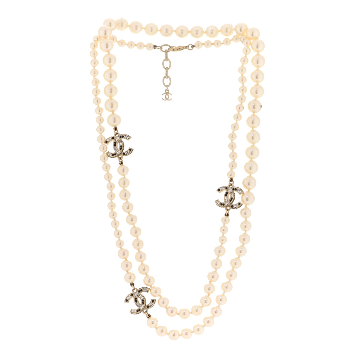 Baguette Crystal Pearl CC Long Necklace Black Gold