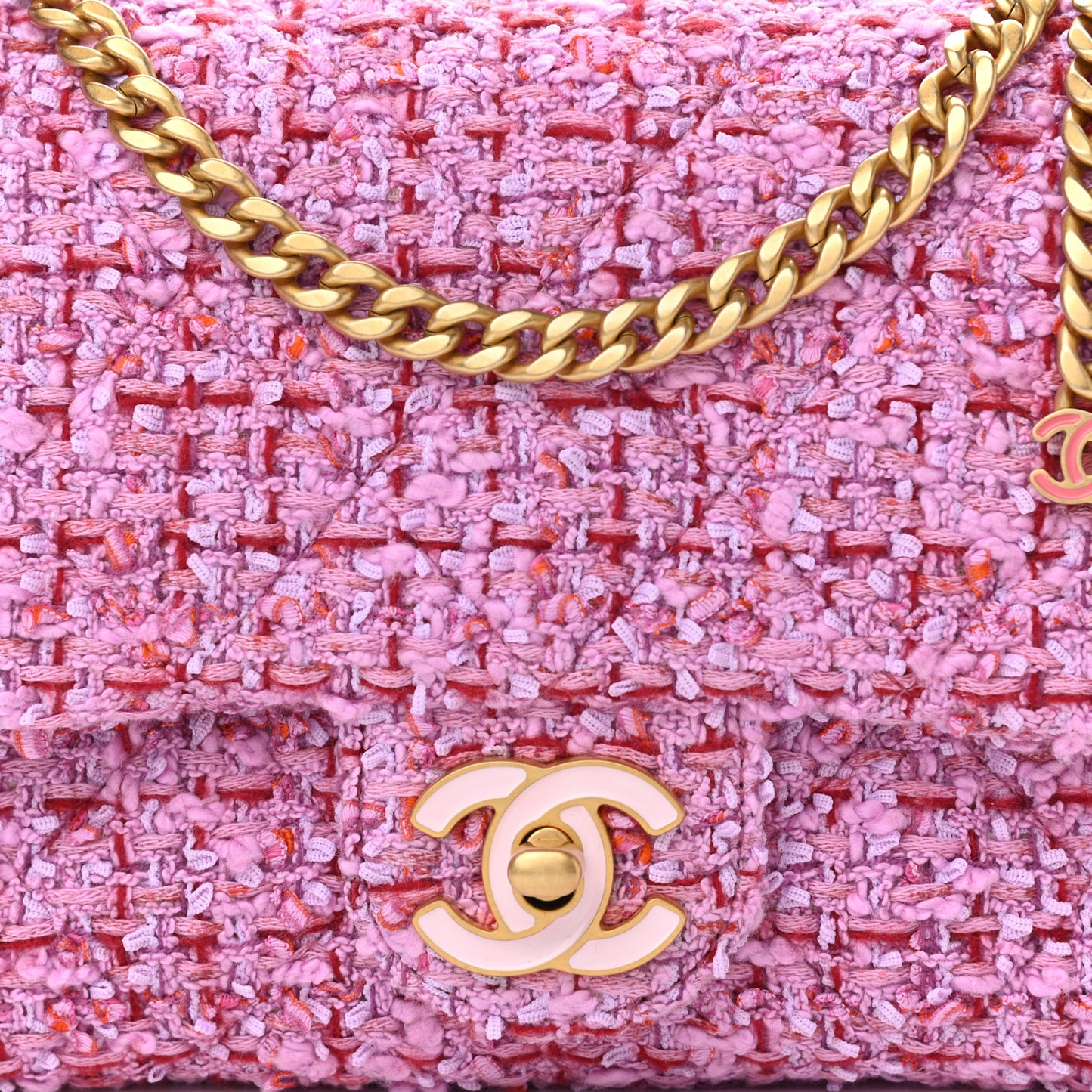 Tweed Enamel Quilted Mini Pending CC Square Flap Light Purple Pink Red