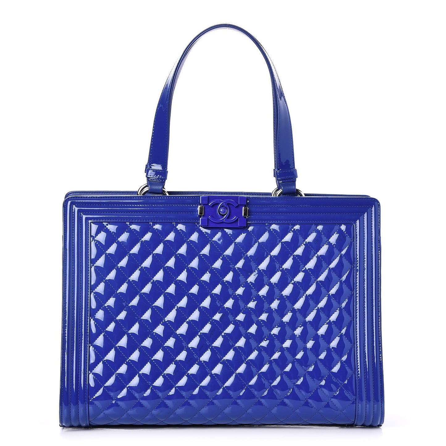 Patent Calfskin Quilted Plexiglass Boy Shopping Tote Blue