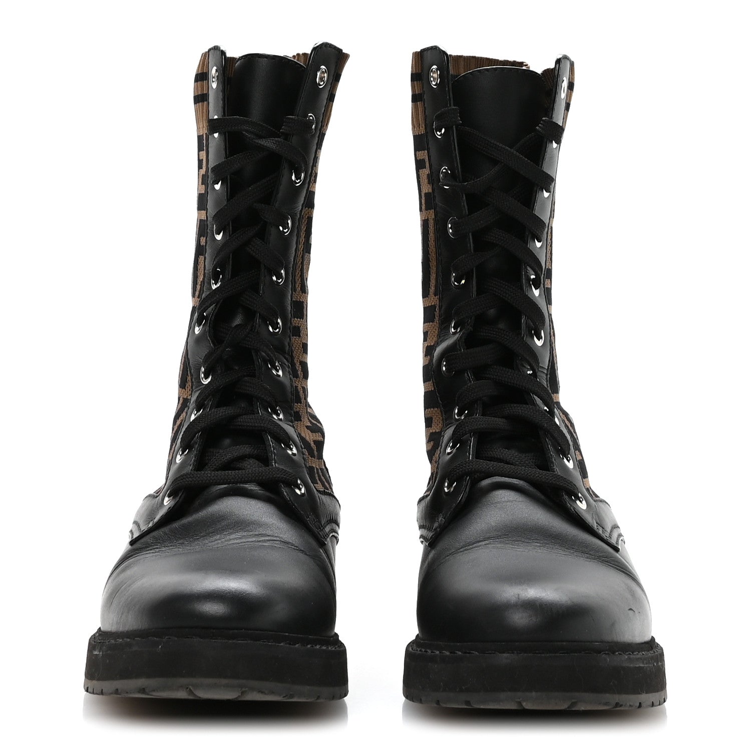 Fendi Calfskin Stretch Fabric FF Rockoko Biker Boots 40 Black Tobacco 3 of 7