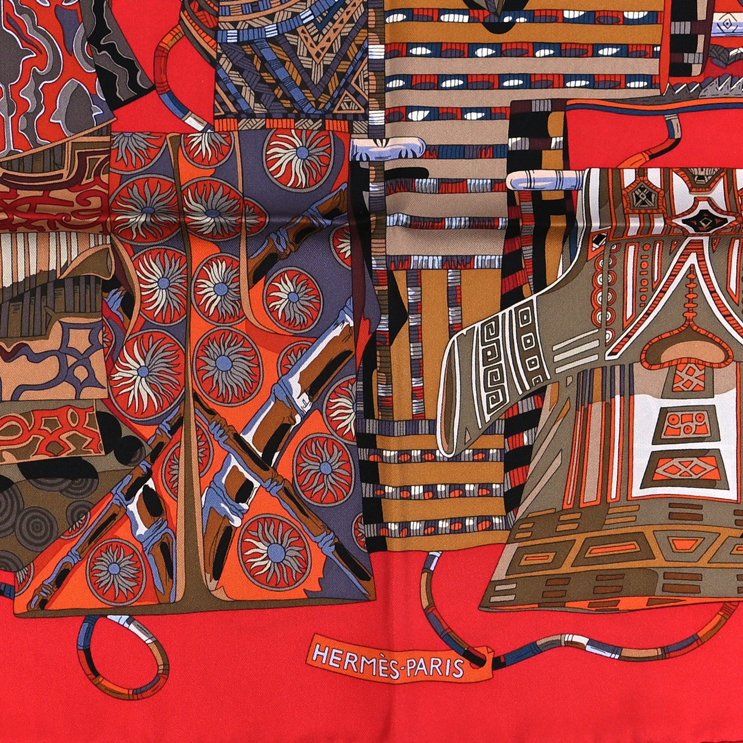Hermes Silk Voyage En Etoffes Scarf 90 Rouge Brique Bleu Beige 2 of 4