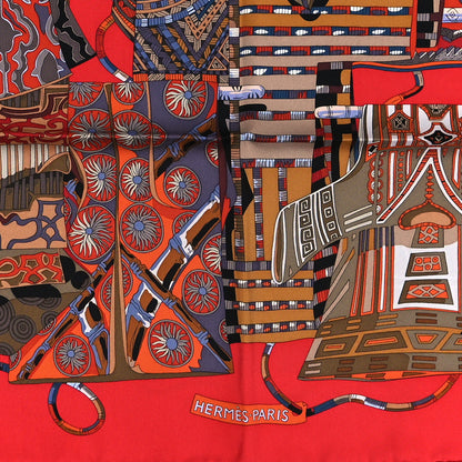 Hermes Silk Voyage En Etoffes Scarf 90 Rouge Brique Bleu Beige 2 of 4