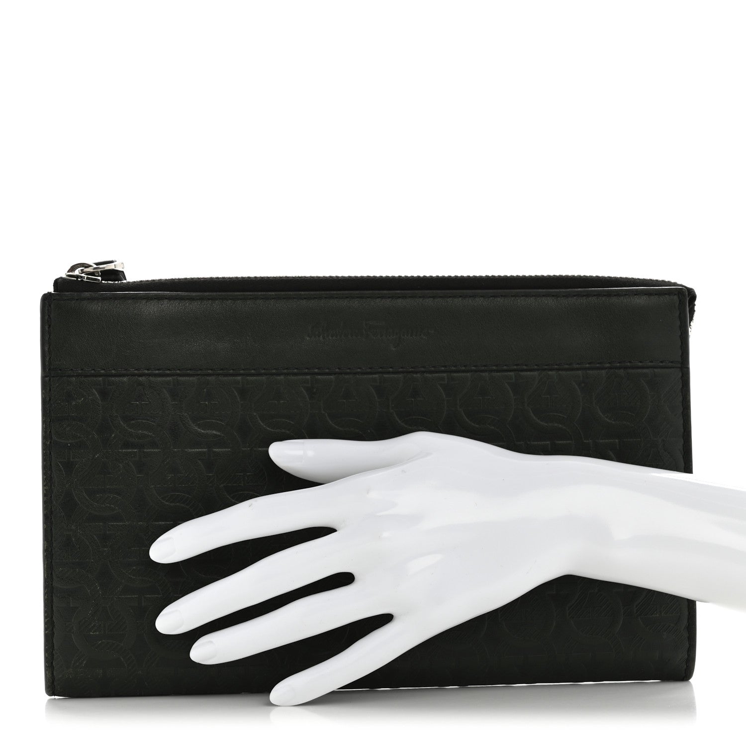 Salvatore Ferragamo Calfskin Gancini Embossed Wristlet Clutch Dark Green 2 of 13