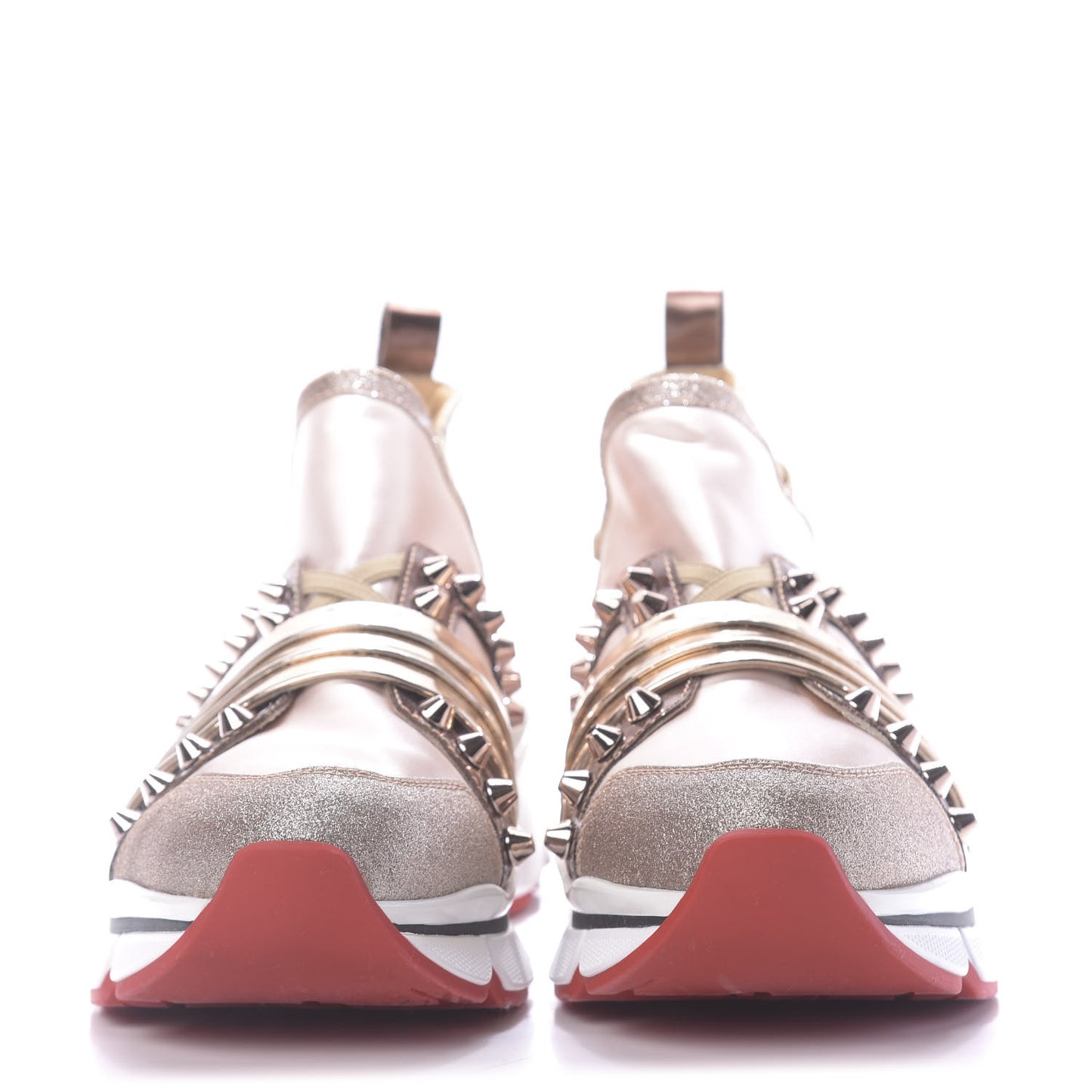 Satin Metallic Calfskin Glitter Specchio Studded 123 Run Flat Sneakers 37 Nude