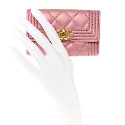 Chanel Metallic Lambskin Quilted Boy Card Holder Wallet Pink 2 of 11