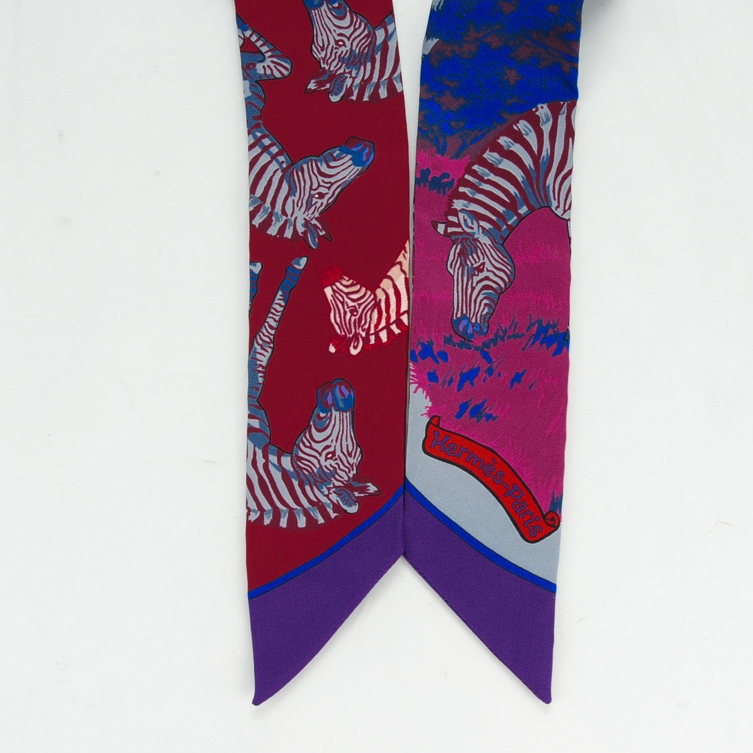 Hermes Silk Les Zebres Twilly Bordeaux Violet Blue Jean 5 of 6