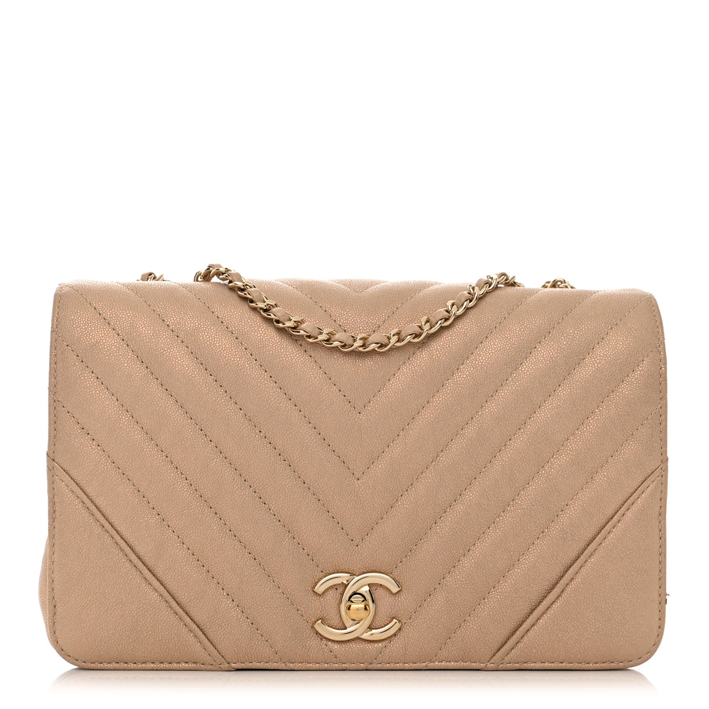 Metallic Caviar Chevron Quilted Medium Statement Flap Beige