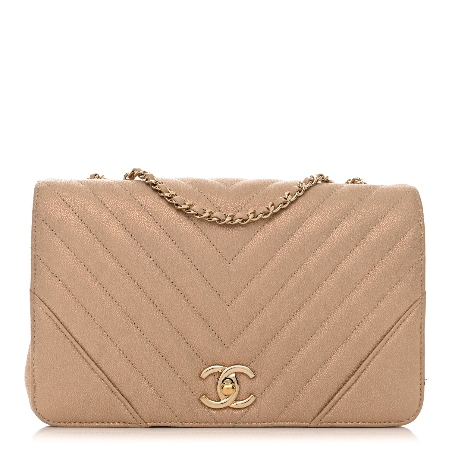 Chanel Metallic Caviar Chevron Quilted Medium Statement Flap Beige 1 of 11