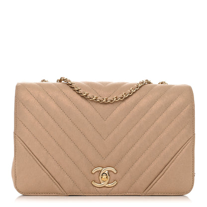 Chanel Metallic Caviar Chevron Quilted Medium Statement Flap Beige 1 of 11