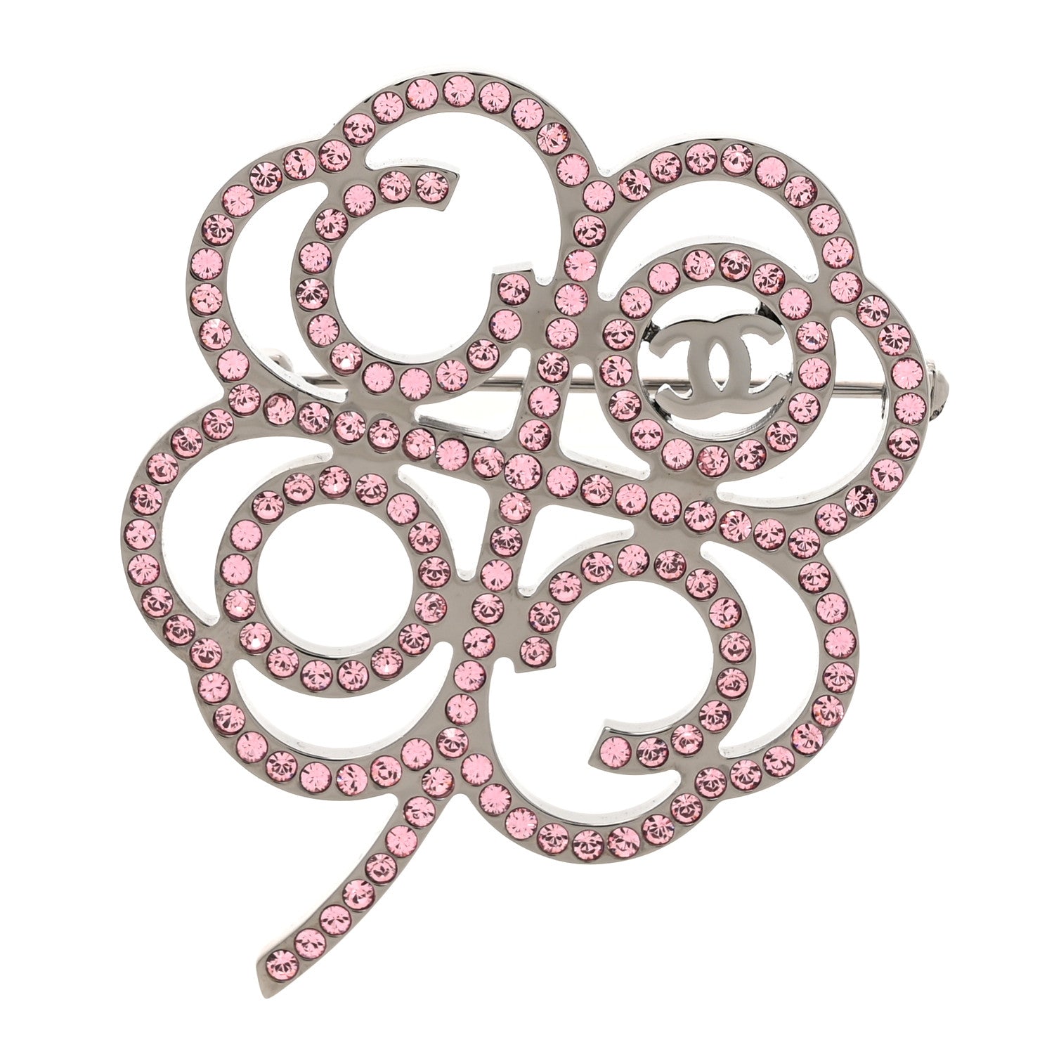 Chanel Metal Strass Clover CC Brooch Pink Ruthenium 1 of 4