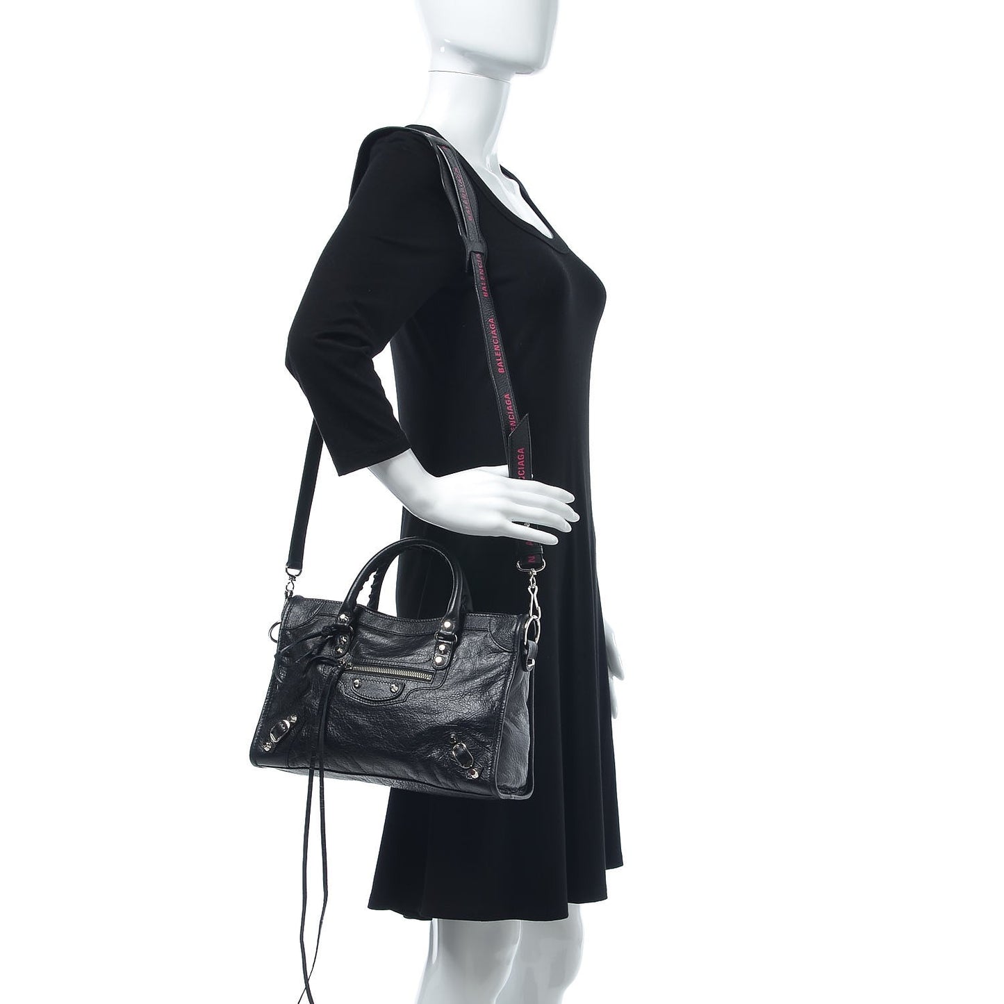 Agneau Classic Silver Hardware S City Logo Strap Black Rose Shocking