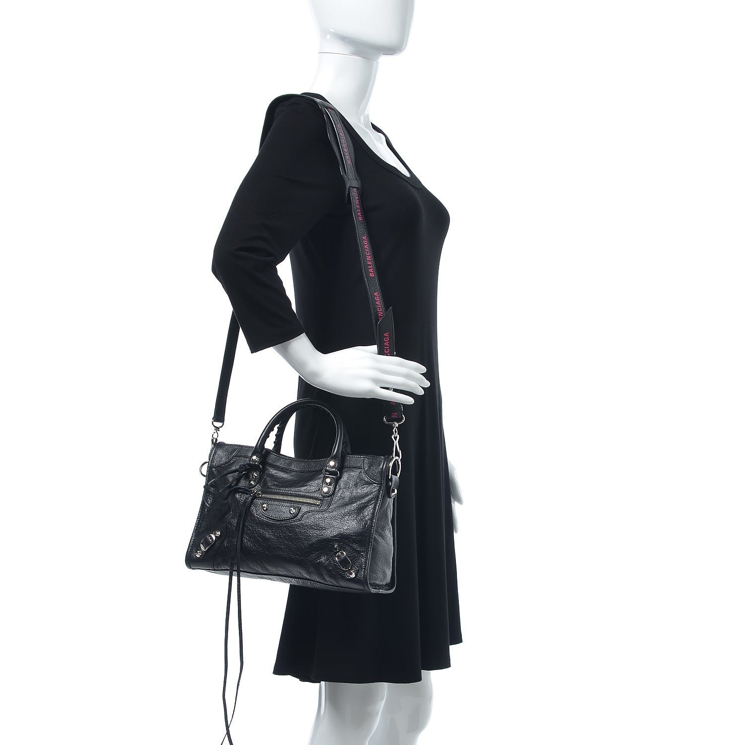Balenciaga Agneau Classic Silver Hardware S City Logo Strap Black Rose Shocking 2 of 7