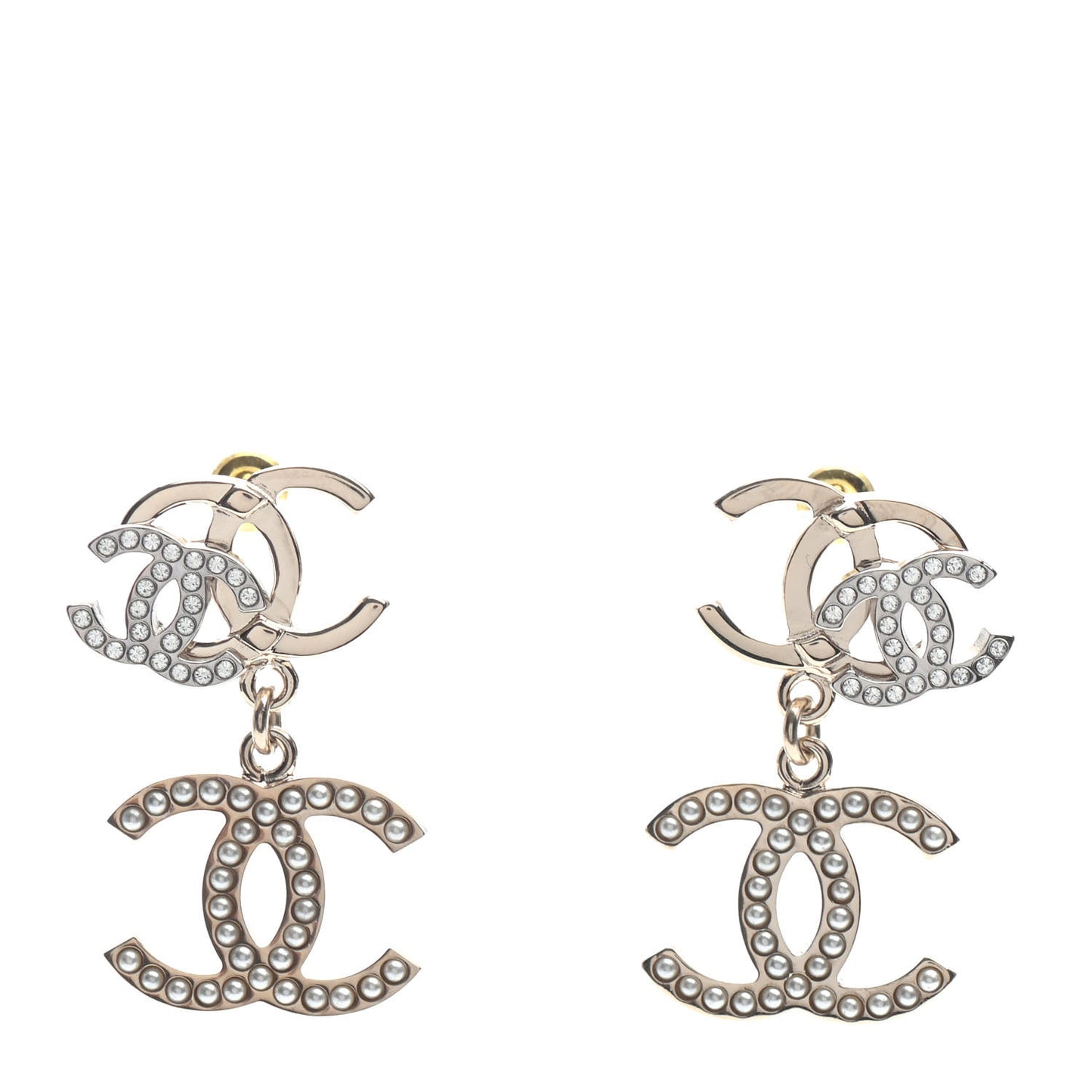 Crystal Pearl Double CC Drop Earrings Gold Silver