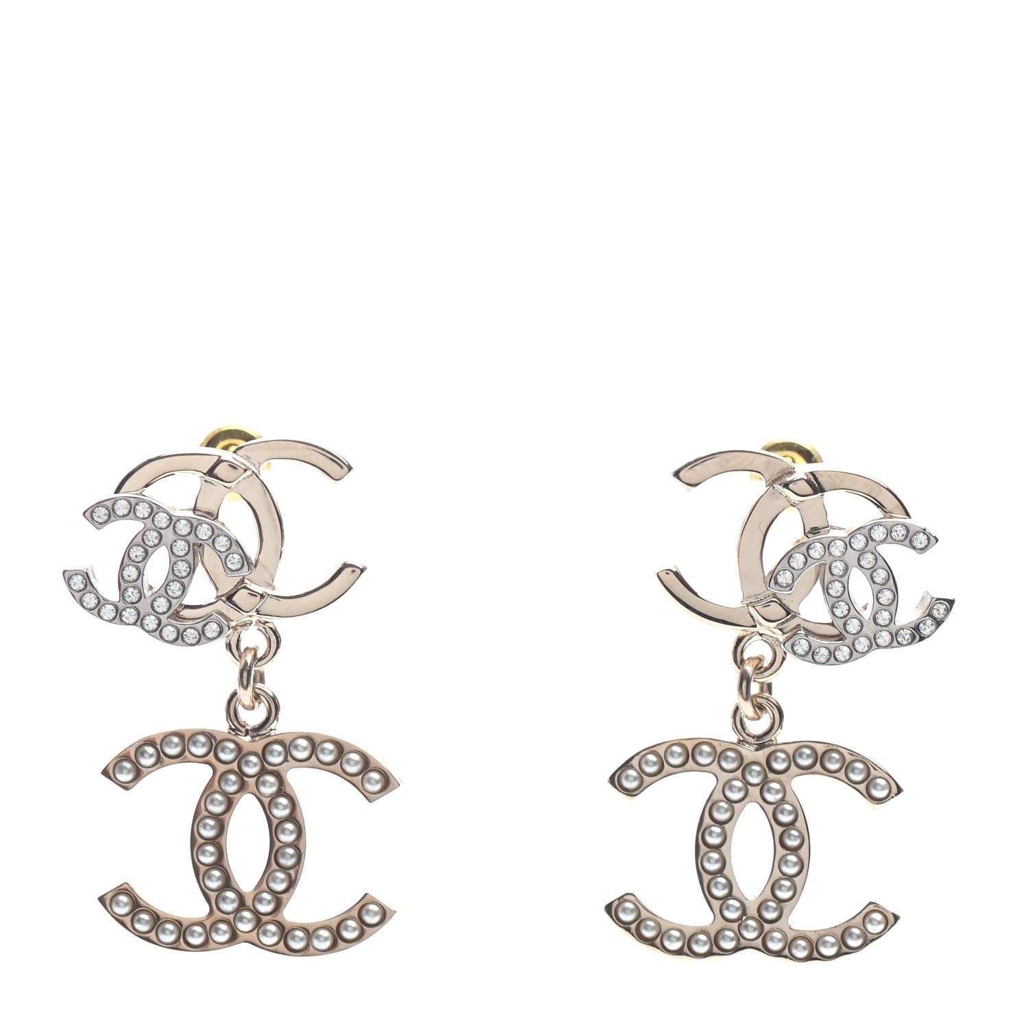 Chanel Crystal Pearl Double CC Drop Earrings Gold Silver 1 of 5